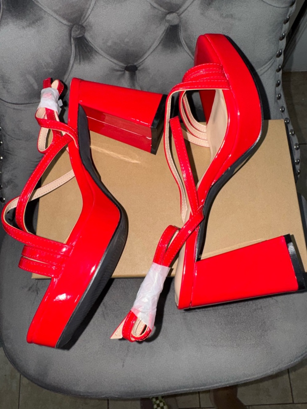 Women’s Red Patent Strappy Block Heel Sandals - Picture 7 of 8